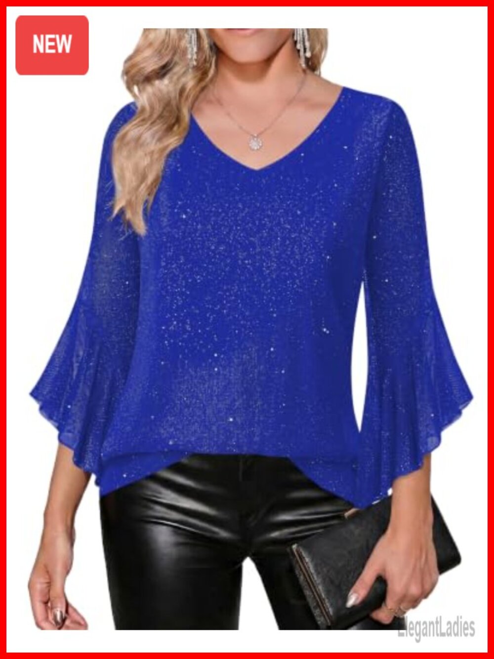 Zeagoo Womens Sequin Ruffle 3/4 Sleeve V-Neck Mesh Tunic Blouse Top
